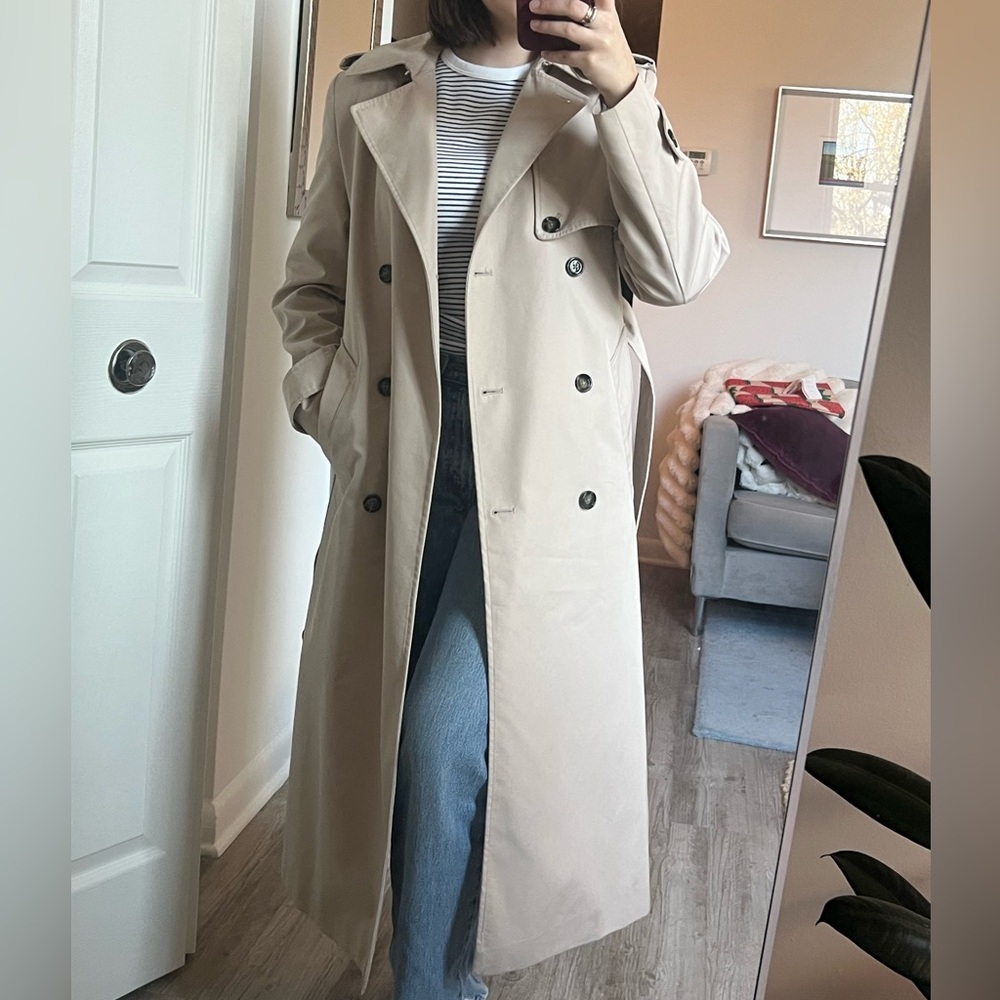 Mango Long Beige Double-Breasted Trench Coat